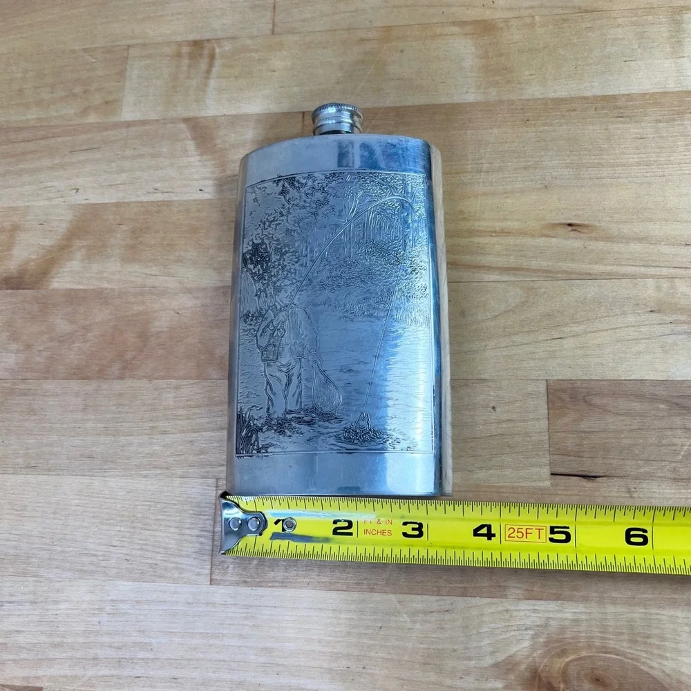 Orvis Hip Flask Fly Fishing Scene 8oz Silver Tone Sheffield England Vintage